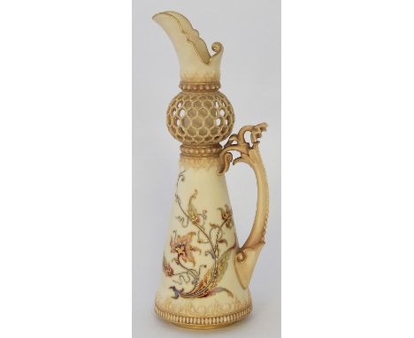 A Royal Worcester Art Nouveau reticulated jug of cylindrical formHaving a reticulated ball above Art Nouveau hand-painted and