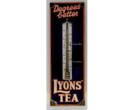 An original advertising Lyon's Tea enamel thermometer signOf narrow rectangular form, painted in orange and blue, length 76cm