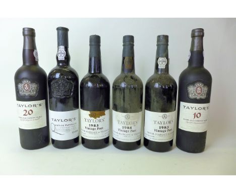 6 bottles mixed lot of Taylors Vintage Ports and aged Tawny being 2 bottles Taylors Vintage 1983, 1 bottle Taylors Vintage 19