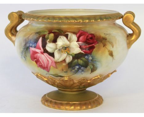 A large Royal Worcester twin handled pedestal bowlHand-painted with roses above a gilt floral lower body, by F.J. Bray, heigh