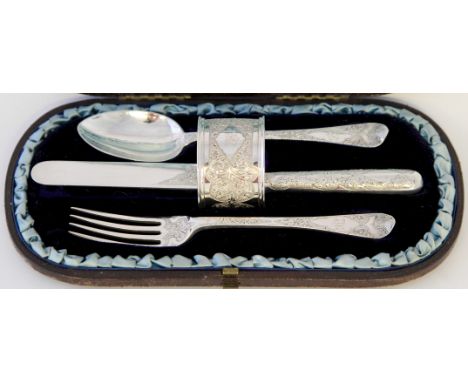 A Victorian cased silver christening setEach piece engraved and chased with scroll and foliate decoration, initialled, compri