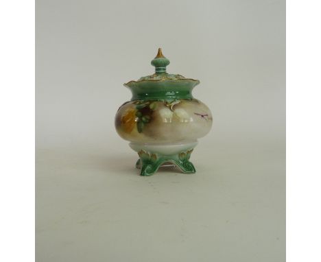 A Hadley Ware Royal Worcester hand-painted potpourri and coverDecorated with roses and foliate, green factory marks and date 