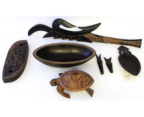 Five pieces of 20th century Fiji museum treen itemsTo include a Priest's oil dish, crafted by Fulaga NI Lau, oval bowl and ca