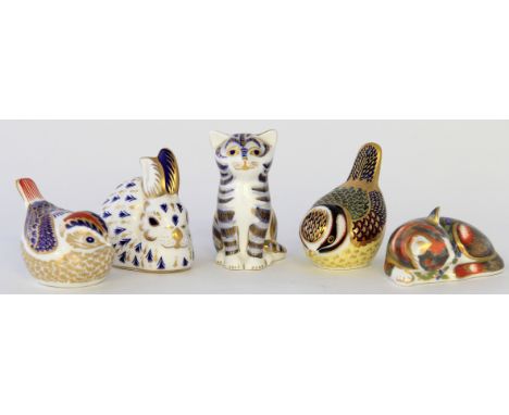 Five Royal Crown Derby animal paperweightsTo include catnip kitten, a model of a rabbit, two models of birds and a kitten 