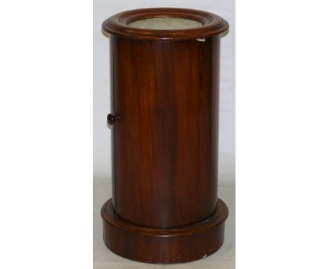 A Victorian mahogany cylindrical pedestal pot cupboardThe moulded circular top inset with marble, above single door with turn