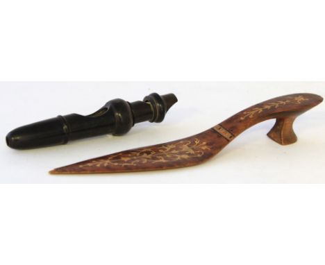 An early 20th century horn whistle of cylindrical formTogether with an inlaid burr walnut model of a ladies shoe, length 19cm