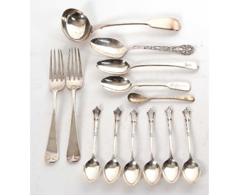 Mixed Lot: Victorian fiddle pattern sauce ladle, Exeter 1866, Josiah Williams &amp; Co, a pair of late Victorian silver desse