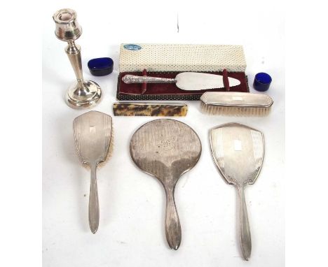 Mixed Lot: Matching four piece silver back dressing table wares to include hand mirror, clothes brush, hairbrush and comb, Bi