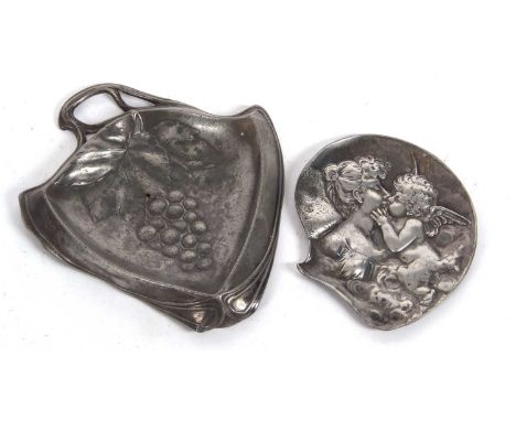 Mixed Lot: A WMF Art Nouveau pewter dish with grape and vine design, 16 x 13cm together with a small pewter dish decorated wi