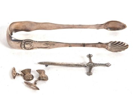 Mixed Lot: Pair of large Scottish Georgian sugar tongs, hallmarked for Edinburgh 1807, makers mark I.A, 14cm long, 48gms, a S