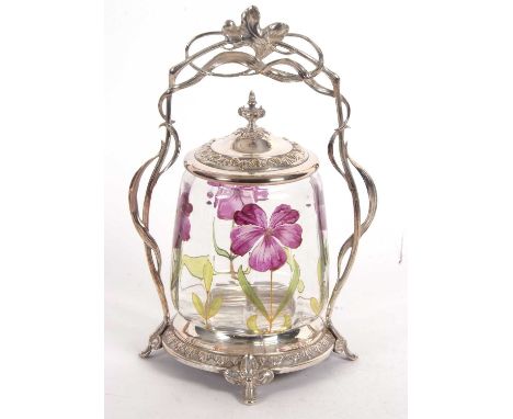 WMF Art Nouveal silver plate and glass biscuit barrel, having a stylised floral and vine handle, pull off lid with urn finial