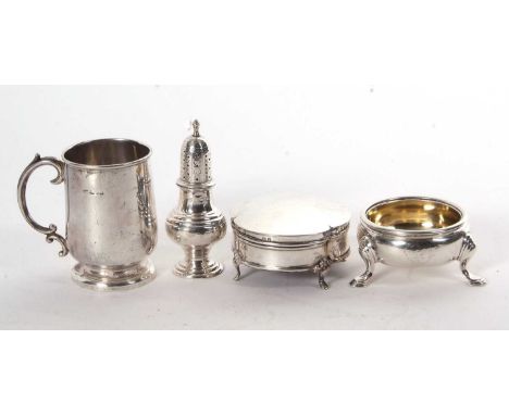 Mixed Lot: George II silver cauldron salt having a fine sloping gadrooned border supported on three trefoil hoof feet, gilt i