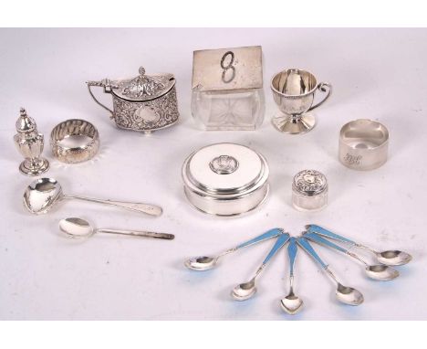 Mixed Lot: Goldsmith &amp; Silversmith Co, London silver circular trinket box with pull off cover, the lid applied with a Geo