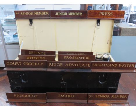 Interesting Selection of Military Court Marshall wooden court names plus a large Military Court Marshall carry chest. See p h
