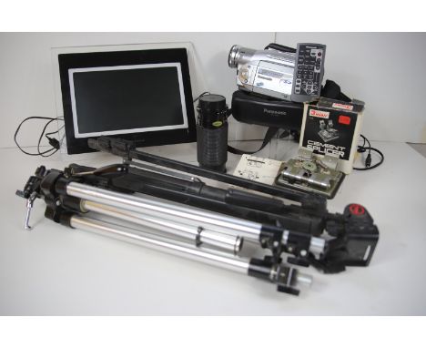 Mixed Photographic Lot to include digital frame, film splicer. Tripods, lens.  See photos.