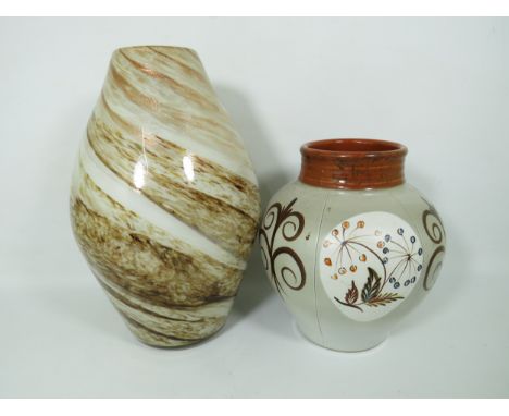 Denby Bourne Vase by Glyn Colledge plus a large glass vase with Adventurine flecks which measures 11 inches tall.  See photos