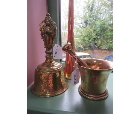 Brass lot to include Temple bell plus heavy mortice and pessel plus a long hunting horn 50+ inches long. See photos. 