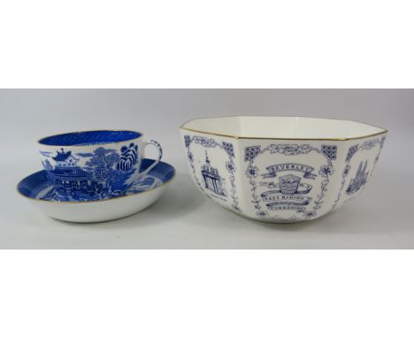 Antique Spode Willow pattern large cup and saucer and a local interest china bowl relating to Beverley.