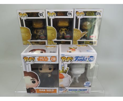 Four Star Wars Funko Pops Figures plus a Funko Pop Soccer Freddy.  All Boxed and unused. See photos. 