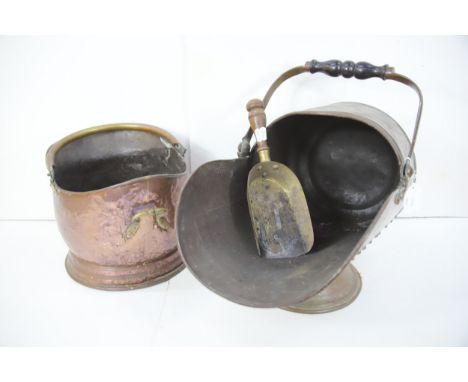 Two Copper Coal Scuttles plus brass coal shovel. See photos. 