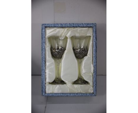 Pair of Boxed Royal Selangor wine goblets approx 8 inches tall. See photos. 