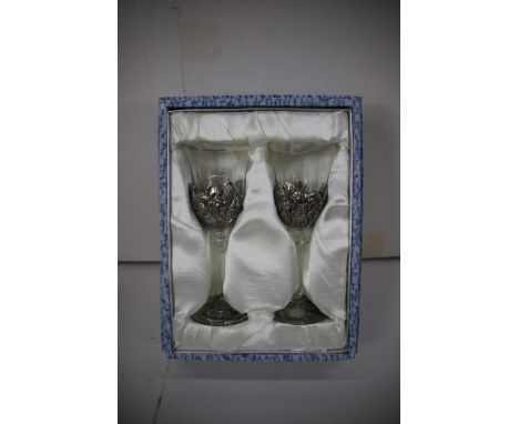 Pair of Boxed Royal Selangor wine goblets approx 8 inches tall. See photos. 