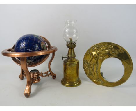 Mixed lot to include a miniature semi precious stone world globe, a vintage french brass oil lamp and a art nouveau style bra