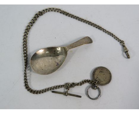 Georgian sterling silver caddy spoon plus a sterling silver watch chain with  T bar and Victorian coin, total weight 34.8 gra