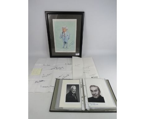 Album containing a large quantity of signatures, a signed Hankie by cricket players and a signed Richie Benaud Caricature.