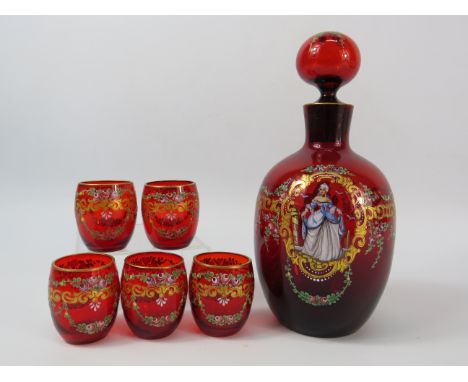 Handpainted ruby glass Czech decanter and 5 matching glasses.
