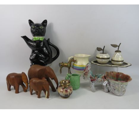 Mixed lot including a Tony wood novelty cat teapot, Wooden elephants etc.