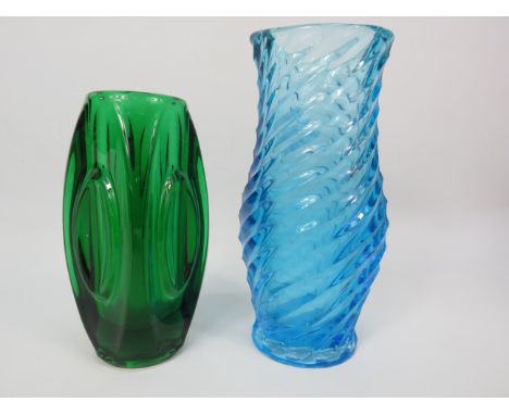 Sklo Union 1950s Rosice lens vase plus a sky blue polish glass vase, the tallest measures 7.5".