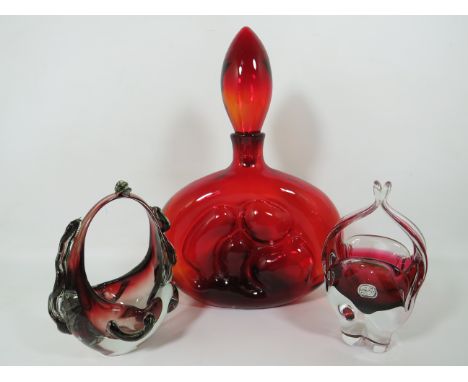 Large Ruby Glass mallet bottle plus Bohemian crystal basket plus one other . See photos. 