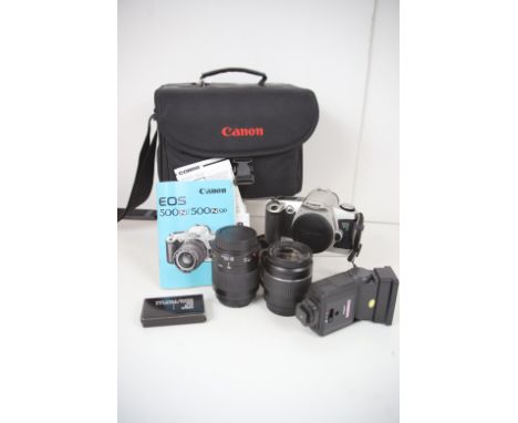 Mixed photographic lot to include a Canon EOS 500N plus Canon 80-200 lens plus 28-80mm lens.  See photos. 