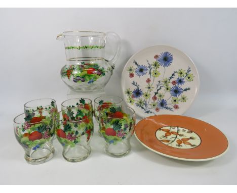 Hand painted vintage glass lemonade set plus Rye pottery and Danish pottery plates.