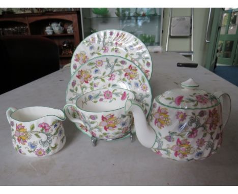 Minton single serving tea set in the Haddon Hall pattern.  Teapot has small nick to inside of lid.  See photos. 