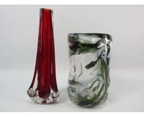 Whitefriars knobbly glass vase with green swirls and ruby red bud vase, the tallest measures just under 9.5"