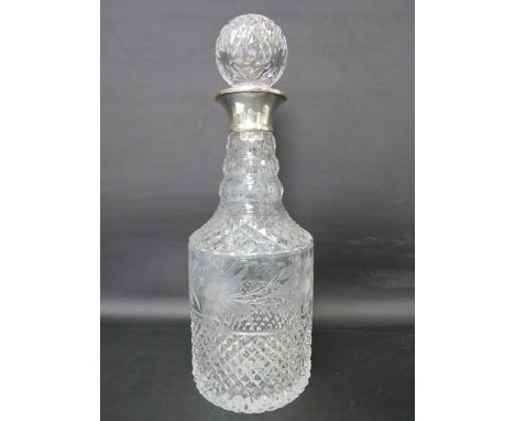 Crystal glass decanter with etched flower design &amp; sterling silver collar, London 1971. 12" tall