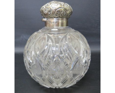 Large cut glass scent bottle with patterned panels and sterling silver lid, Birmingham c1893.