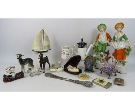 Mixed collectables lot including Beswick, Staffordshire sheep, Victorian glass, Meercham Pipe etc.