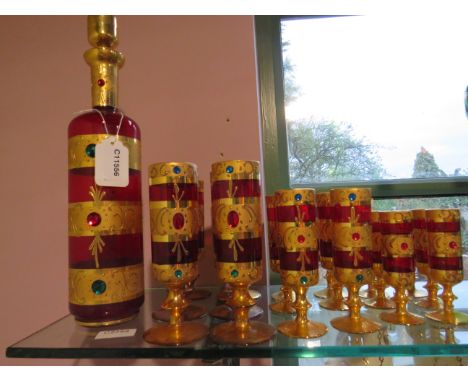 Interesting Jewelled Wine Bottle with Gilt banding which measures 15 inches tall together with Matching Goblets, 6 x 7 inches