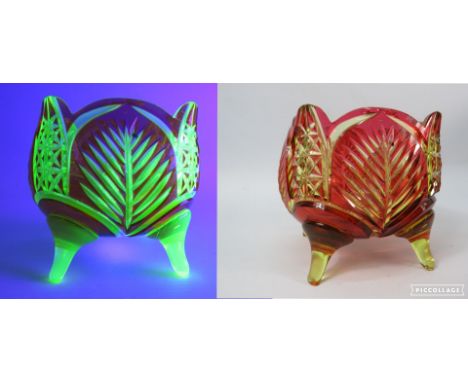 Ruby Cut to Uranium glass bowl, possibly Val St Lambert of Belgium. 4" tall &amp; 4.5" diameter.&nbsp;&nbsp;There are some fl