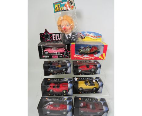 Corgi models to include Chitty Bang bang,, Elvis Car and Shell Classic sports cars. All boxed. See photos.