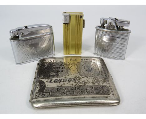Three vintage lighters by Parker, Ronson and Mosda plus a bank of england ciggarette case.