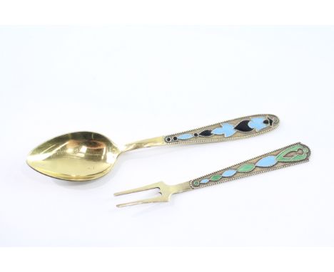Vintage Stamped .875 Russian Silver Enamel Detailed Pickle Fork &amp; Spoon (20g) 2331553