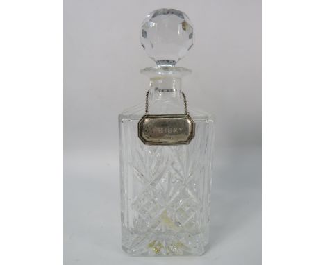Crystal glass decanter with a sterling silver whiskey label, London 1973.
