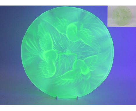 A Rare Jobling Lambton bird pattern Uranium glass ruffle edge dish, 10" diameter.