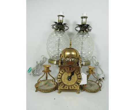 Good Mixed Lot to include two Glass &amp; Brass Pineapple Table lamps plus a brass quartz mantle clock with two similar candl