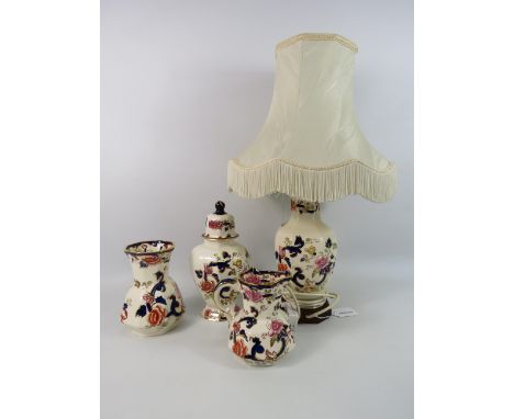 Masons Blue Mandalay Table lamp, Jug, Lidded jar and vase.