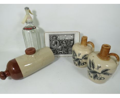 Mixed lot to include a rare pair of Glasgow pottery  flagons plus a Denby Stoneware footwarmer, Schweppes Soda Syphon. See ph